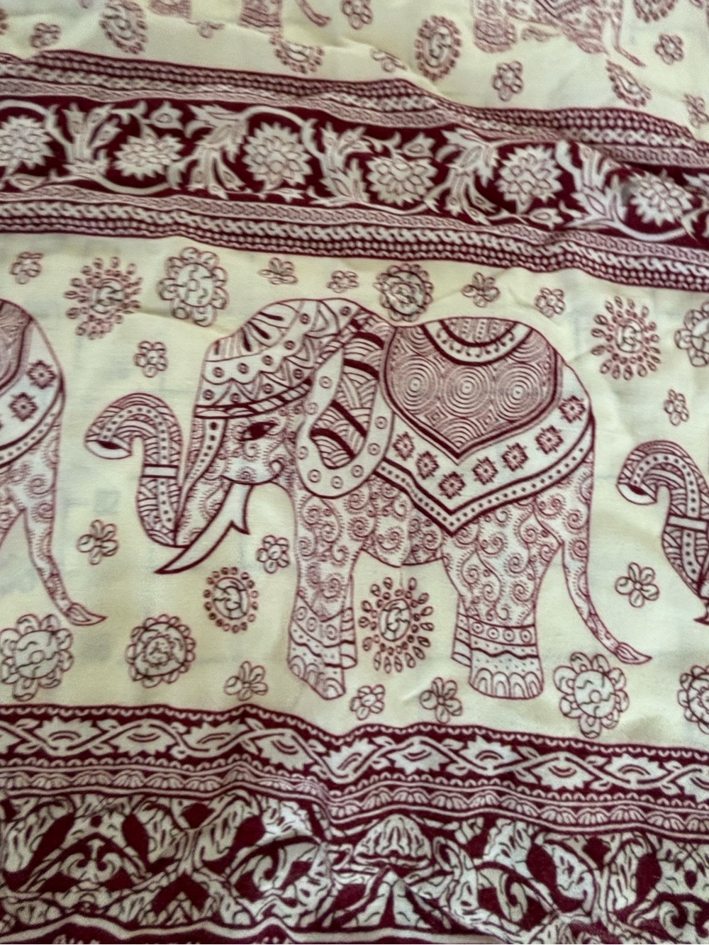 Elephant Print Anthropologie Fringed Wrap Scarf in Cream and Burgundy